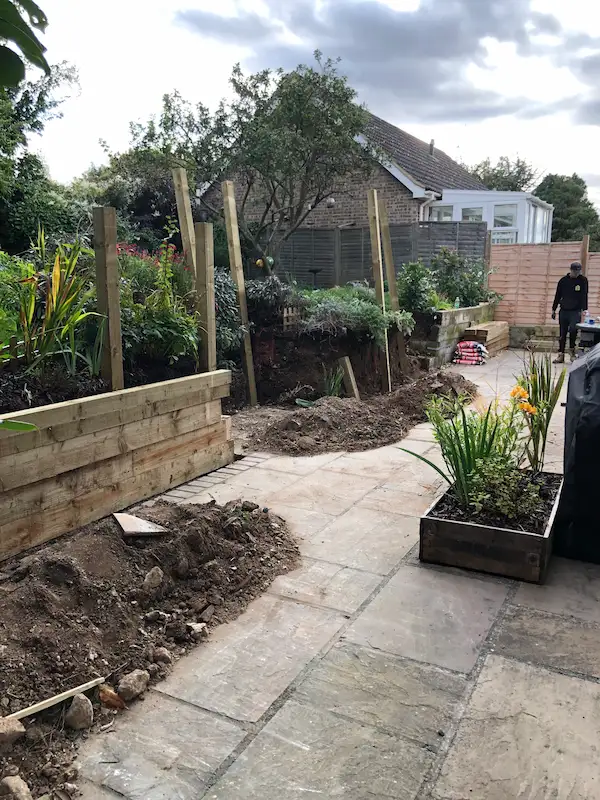 Installation of retaining walls to create flower beds in a garden