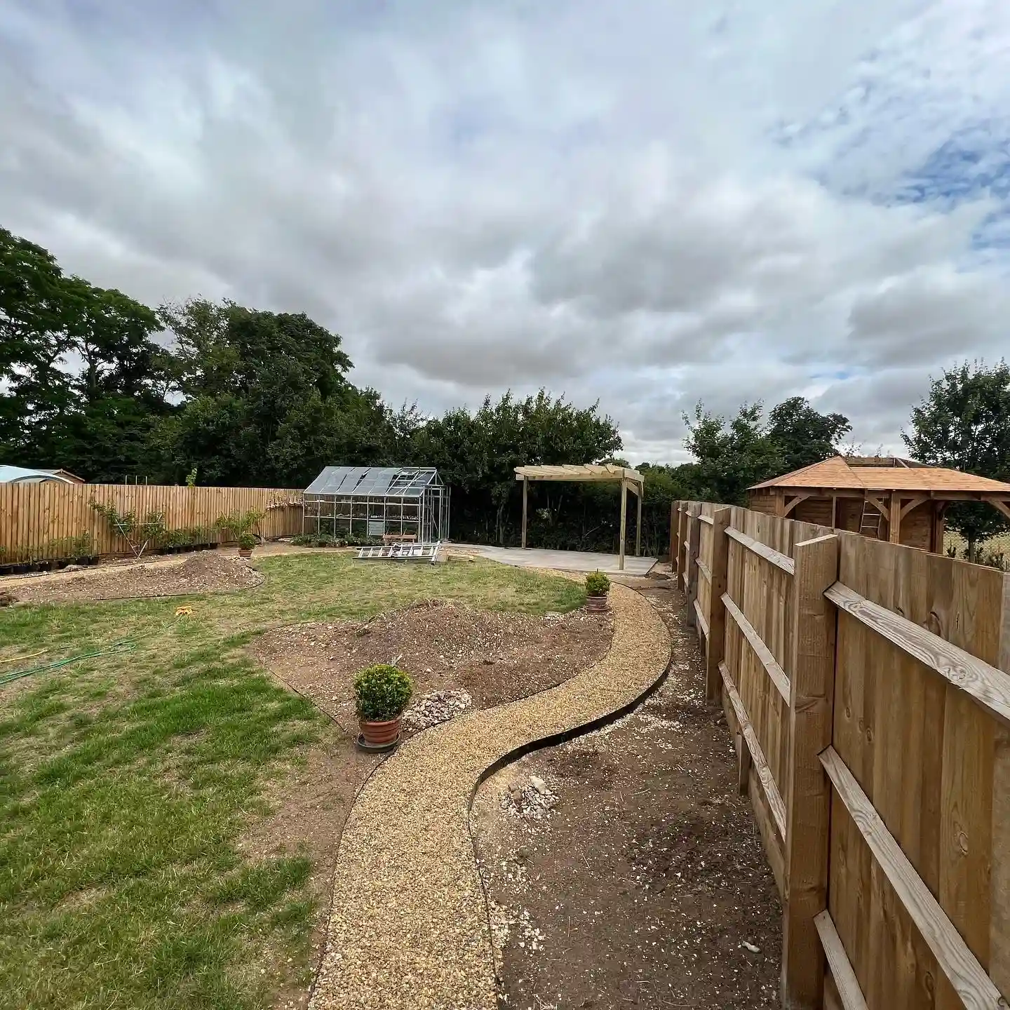 right side of garden with new pathway and planting areas